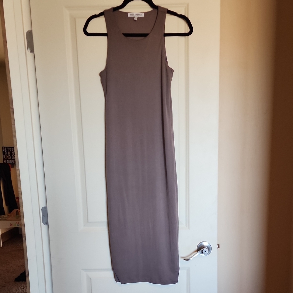 Good American Sleeveless Taupe Ribbed Midi Tank Dress 2 M